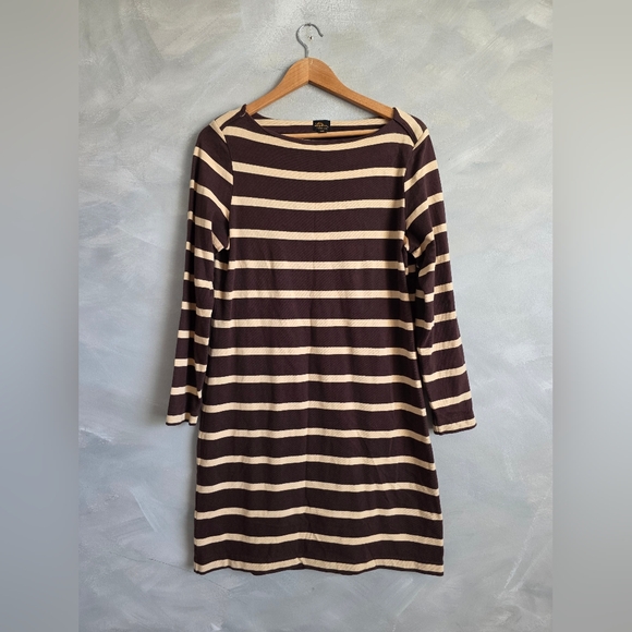 LL Bean Sailor Nautical Stripe Tan Brown Cotton Short Dress Women's Sz 10 - Picture 1 of 7